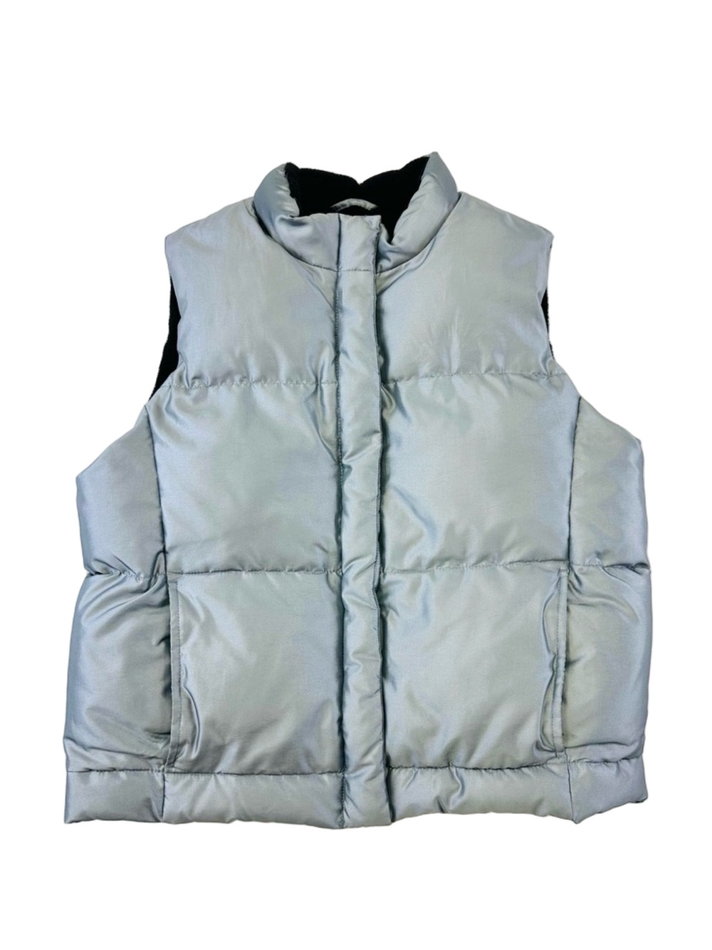 Y2K womens down puffer vest Medium grey fleece lined zip front high neck outdoor